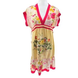 Johnny Was 100% Silk Dress Size XS in Yellow & Pink Floral *Flawed*